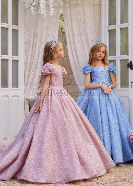 Puff Sleeves Glitter Lace Tulle Gorgeous Flower Girl Dress Puff Sleeves Glitter Lace Tulle Gorgeous Flower Girl Dress